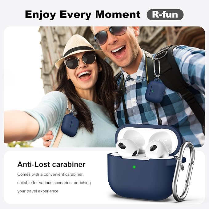 R-fun Compatible with AirPods 3 Case Cover, Silicone Protective Accessories Skin with Keychain Compatible with Apple AirPod 3rd Generation 2021 for Women Men Girls Boys,Front LED Visible,Midnight blue