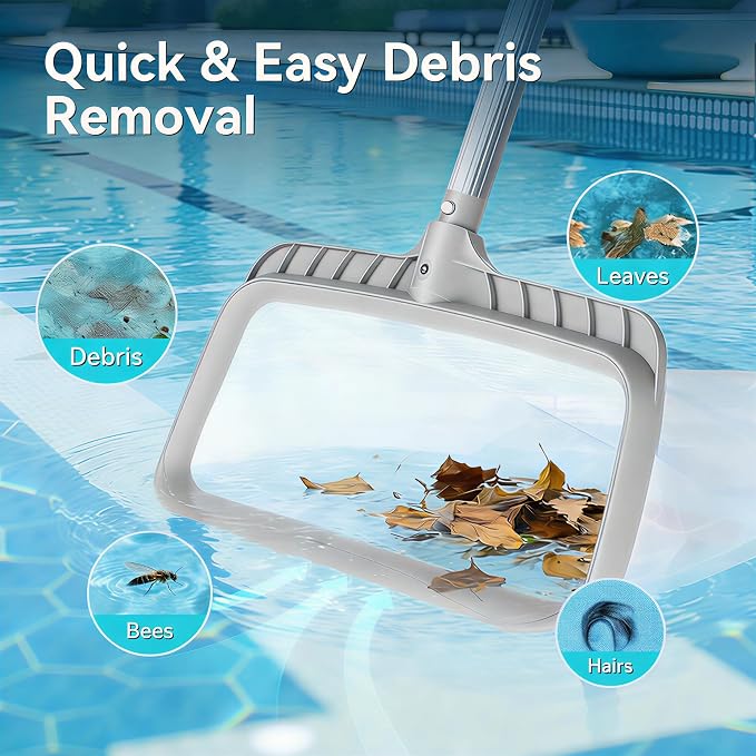 Professional Pool Skimmer Net, Heavy Duty Gray Frame with 15.5" Deep Fine Mesh Bag for Leaves, Twigs & Floating Debris, Reinforced Leaf Rake for Inground and Above Ground Pools (No Pole)