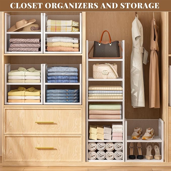 DAOUTIME 4-Tier Stackable Closet Organizers and Storage Basket, Wire Closet Shelf Organizer, Sweater Storage Oragnizer Bins, Multifunctional Clothes Storage Drawer Organizer for Wardrobe, White