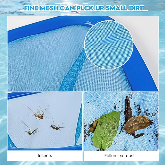 Pool Mesh Skimmer Net with Adjustable Aluminum Pole, Fine Leaf Skimmer for Above Ground & Inground Pools, Hot Tub, Spa & Pond, Pool Cleaner for Leaves, Bugs and Debris Easily Catches Leaves
