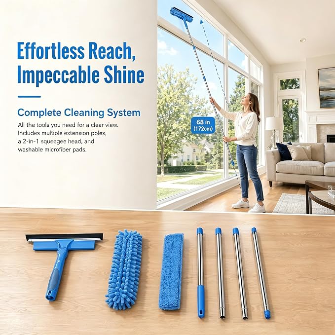 2-in-1 Window Cleaner Tool, 68'' Squeegee for Window Cleaning | Extension Pole, Scrubber with Rotating Head, Streak-Free Squeegee, Thickened Stainless Steel, In/Outdoor Washing Equipment