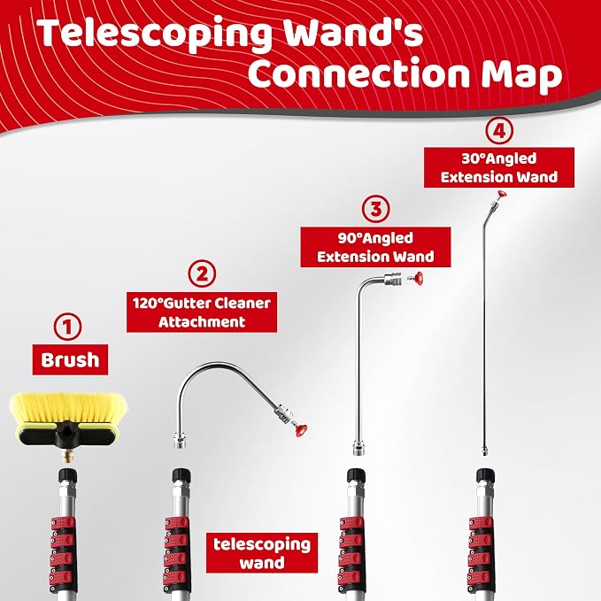 RIDGE WASHER 24 FT Telescoping Pressure Washer Wand, with Brush, 4000 PSI | Telescopic Gutter Cleaner With 3 Stainless Steel Curve Wands, Adjustable Support Belt, 7 Nozzles