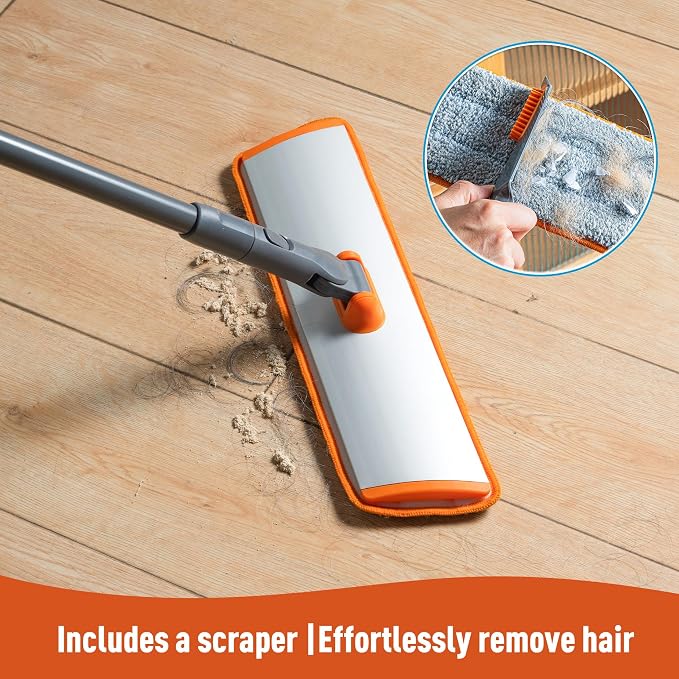 CLEANHOME Flat Mop for Hardwood & Pet Hair, 4 Washable Pads | 4 Reusable Microfiber Pads for Wet/Dry Mopping. 180° Swivel Head & 56" Handle Reaches Under Furniture. Pet Hair Scrubber.
