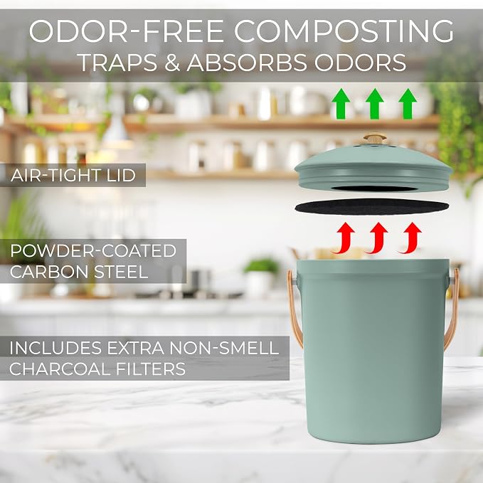 Beautiful Kitchen Compost Bin with Smell Proof Lid - Rust Proof and Odorless Compost Bucket for Your Countertop with No Smell Filters - Easy to Clean 1.1 Gallon Bin Looks Great On Any Kitchen Counter
