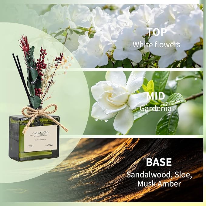 Reed Diffuser, 6.1 oz Gardenia Sandalwood Scent Diffuser with Sticks & Dried Flowers, 120 Days Long Lasting diffusers for Home, Elegant Fragrance for Bathroom Bedroom Office Decor Air Fresh