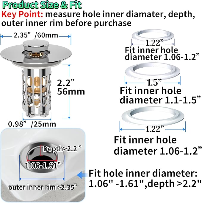 Bathroom Sink Stopper Drain Hair Catcher,3 in 1 Bathroom Sink Drain Strainer with Anti-Clogging Filter Basket,Sink Stopper Bathroom Drain for 1.06"~1.61" Drain Hole 2 PCS(Silver Chrome)