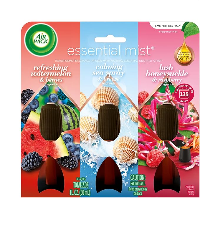 Air Wick Essential Mist Refill Multipack - Watermelon & Berries, Sea Spray & Breeze, Honeysuckle & Raspberry, 3 Count
