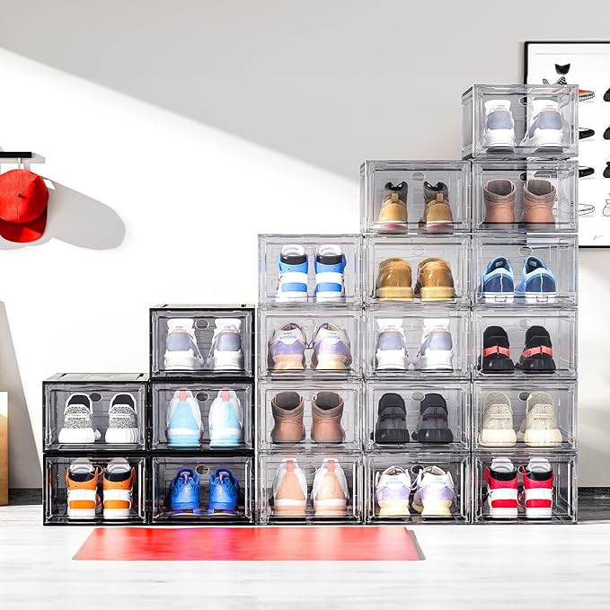 Upgrade Harder Solid Plastic Shoe Organizer, Shoe Storage with Magnetic Front Door, Shoe Rack 6 Pack Shoe Boxes Clear, Sneaker Storage, Shoe Organizer for Closet, Shoe Display Case, White