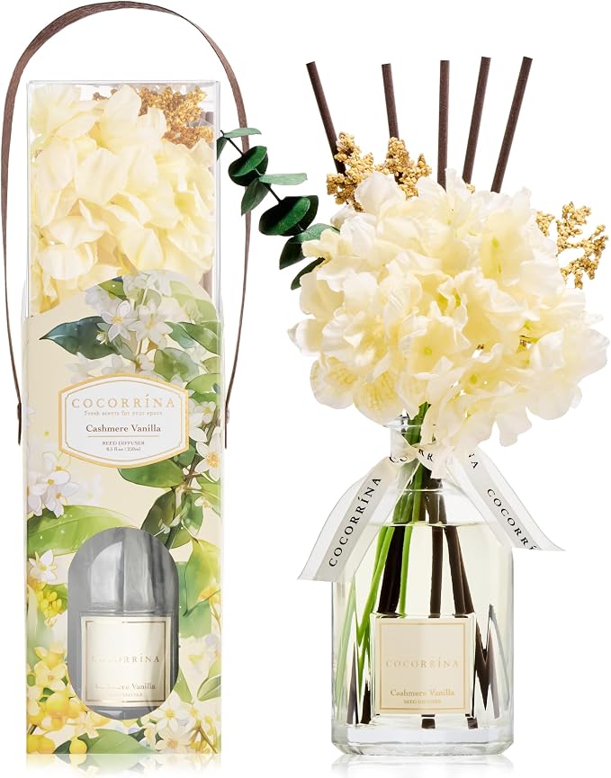 Reed Diffuser - Cashmere Vanilla 8.5 Fl.oz Flower Reed Diffuser with Sticks, Bedroom Bathroom Shelf Decor (Floral Basket Collection)