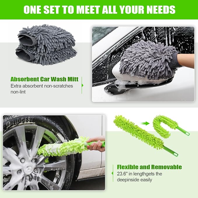 HITJOY 62'' Car Wash Brush with Long Handle, 11Pcs Car Wash Kits | Car Cleaning Kits, Windshield Window Squeegee, Car Duster Microfiber Towel Gloves for Cars, RV, SUV, Truck