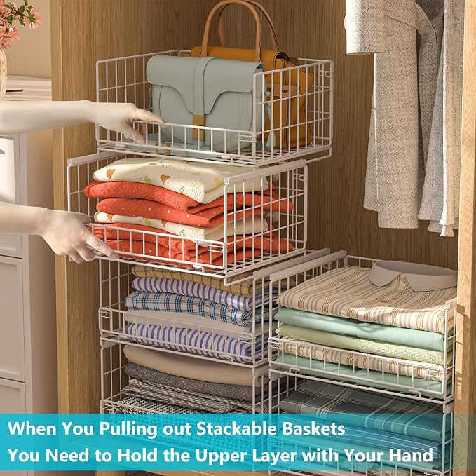 Hongtamoya 4-Tier Sliding Closet Organizers and Storage Shelves, Stackable Closet Shelf Organizer Basket Bins, Drawer Shelf Storage Container for Wardrobe Cupboard Kitchen Bathroom Office, White