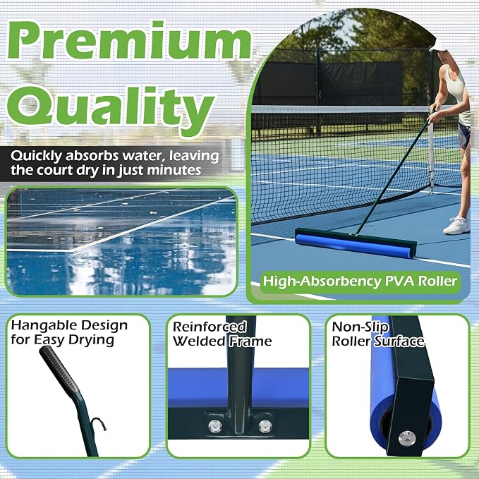 Tennis Court Squeegee, 38'' Foam Tennis Roller for Quick Clearing, Green | Quick Water Removal, Lightweight, PVA Tennis Foam Sponge Roller