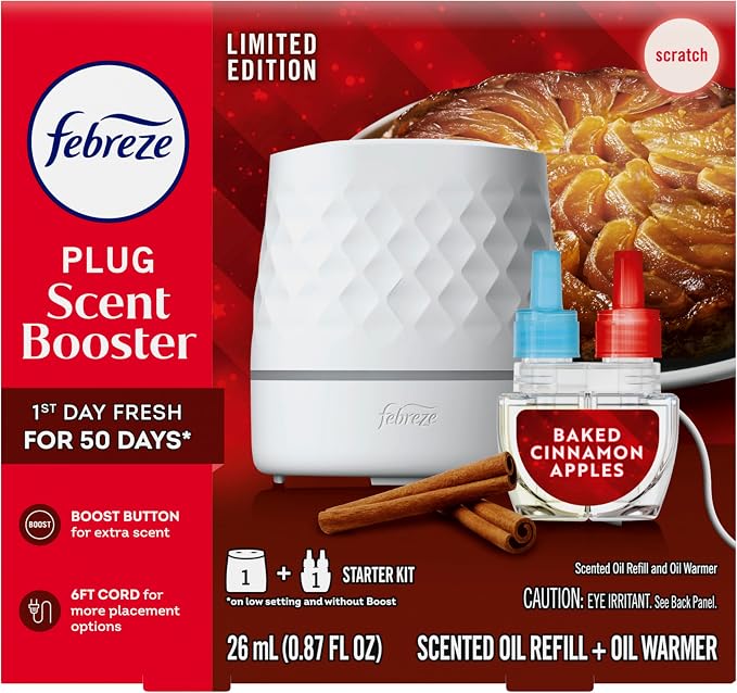 Febreze Plug Scent Booster Starter Kit, Oil Diffuser, Air Freshener Plug in, Continuous Scent, 2 Devices + 2 Baked Cinnamon Apple Refill