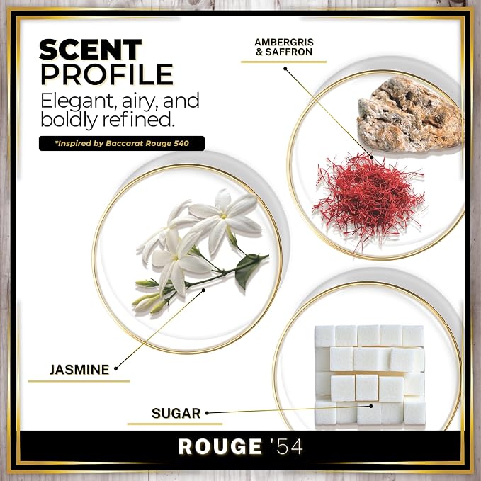 Reed Diffuser Set, Rouge 54 - Bathroom Shelf Décor | Saffron, Jasmine, Amber and Woods, Aromatic Home Fragrance, Made in the USA