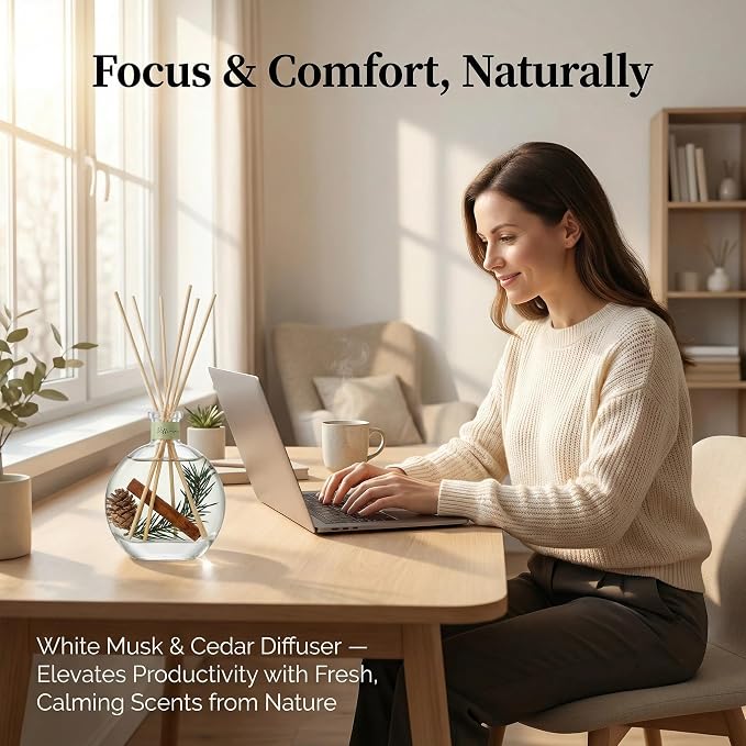 Cedarwood & White Musk Reed Diffuser, 3.34 Fl Oz | Luxury Hotel-inspired Scent,Air Fresheners for Bedroom, Bathroom, Living Room or Office; Gift-ready
