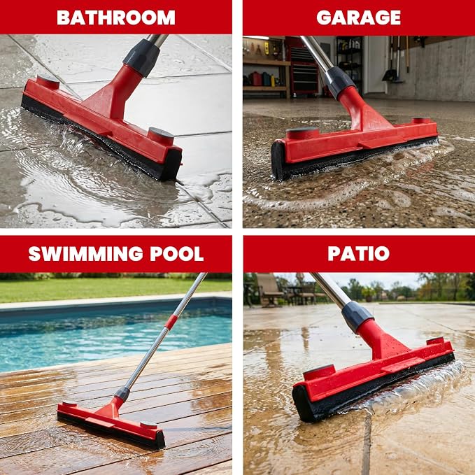 Floor Squeegee with 2 Replaceable Heads and Extendable 62" Long Handle | Double the Lifespan, 17" EVA Foam Blade, for Garage, Concrete, Tile, Patio, Pool, Shower & Uneven Surface Cleaning