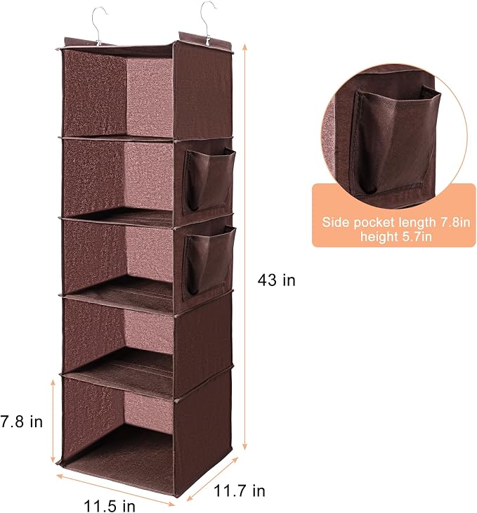 BOOMIBOO Hanging Closet Organize and Shelves,5-Hanging Shelf（Browm） | with 2 Side Pockets，Storage Foldable