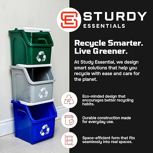 Multi Recycling Bin System with Three Stacking 6 Gallon Bins with Carrying Handles, Stackable and Compact for Offices, Homes, Garages, Businesses - (Yellow, 1 Pack)