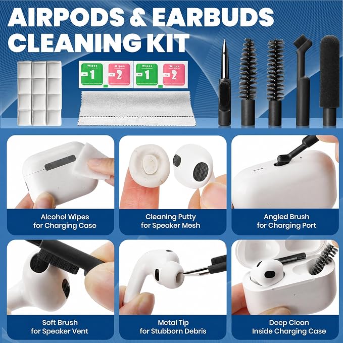 Upgrade Phone Cleaning Kit (57PCS), iPhone Cleaning Kit, Cleaning Kit for AirPods, Keyboard Cleaning Kit, Charging Port Cleaner for Apple Lightning/Android USB-C (Black, with 10 Mini Brush)