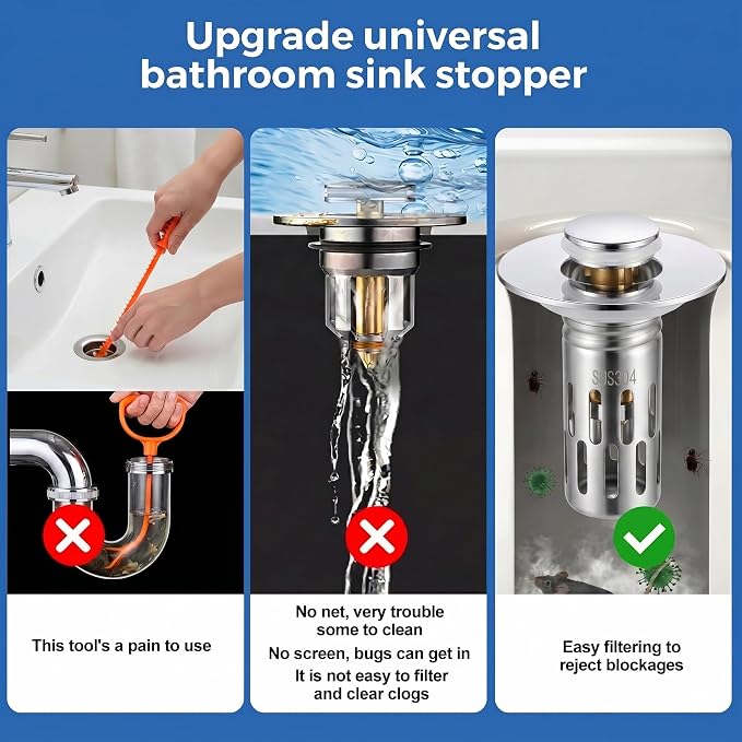 Chrome Bathroom Sink Drain Strainer, Upgraded 3 in 1 Universal Pop Up Stopper with Removable 304 Stainless Steel Filter Basket or Hair Catcher, Bullet Core, Sink Plug for 1.1''~2.36'' Basin, 2 PCS