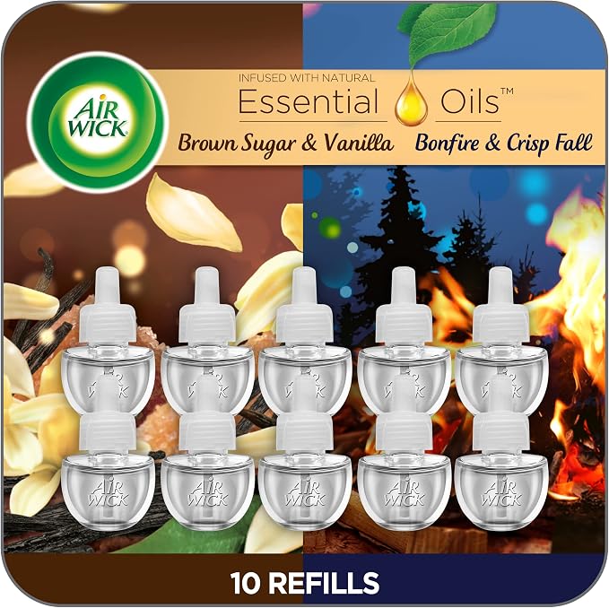 Air Wick Plug In Scented Oil Refill, 10ct, Bonfire & Crisp Fall Air + Brown Sugar & Vanilla, Essential Oils, Air Freshener.