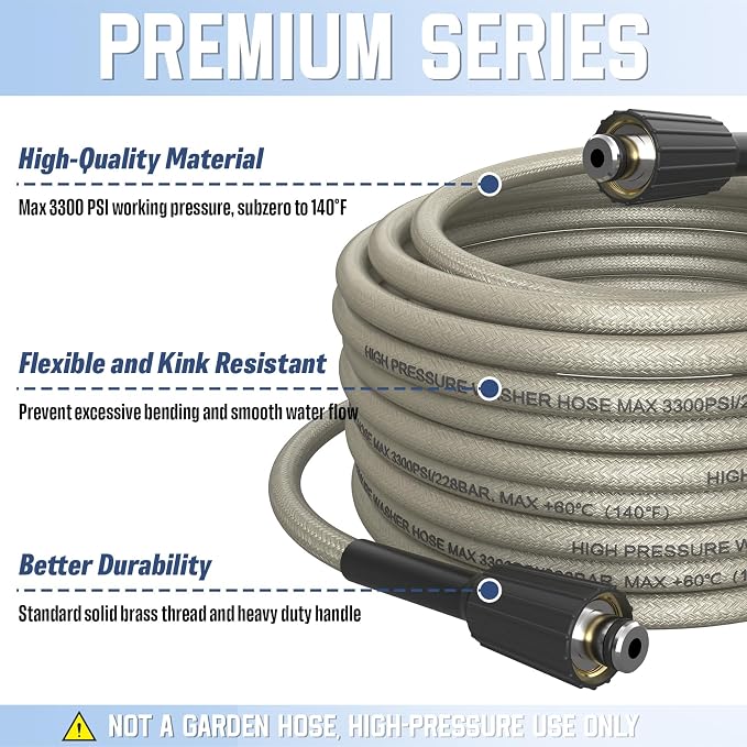 PVC Pressure Washer Hose 25 FT x 1/4", Kink Resistant Power Washer Hose, High Pressure Water Hose Extension Replacement for Home Use with M22-14mm Brass Fittings, 3300 PSI, Gray