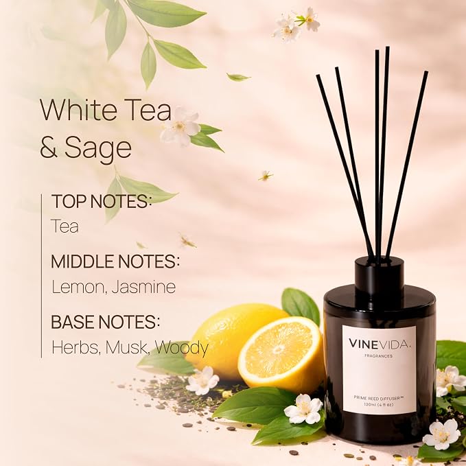 VINEVIDA | White Tea & Sage | Reed Diffuser for Home & Bathroom | Long-Lasting Scent Sticks Set | Oil Stick Diffuser | Bathroom Scent