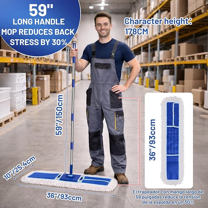 36" Commercial Dust Mop: Dust Broom for Hardwood Floors Cleaning | 2 Pcs Cotton Mop Pads, 59" Long Handle, Heavy Duty Frame, Industrial Professional Cleaning Supplies, Blue