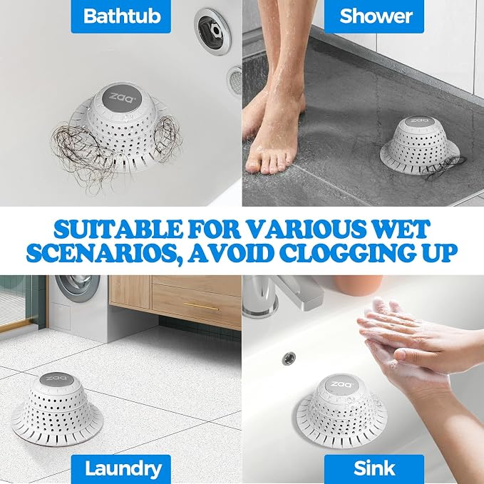zaa Bathtub Drain Hair Catcher, Premium Silicone Shower Hair Catcher, 1Pack Hair Stopper for Pop Up & Regular Drains of Shower, Bathtub, Bathroom Sink, Bathroom Fixture Accessories, Light Gray