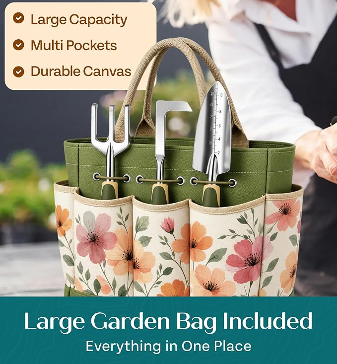 Heavy Duty Gardening Tools - Gardening Gifts for Women, Men, Mom, Dad - Durable, Ergonomic Garden Tools Set (Floral)