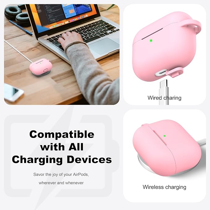 R-fun for AirPods Pro 2 Case, Soft Silicone Protective Cover with Keychain and Cleaning Pen, Compatible with AirPods Pro 2nd/1st Generation, Supports Wireless Charging, Pink