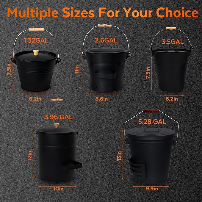 3.5 Gallon Ash Bucket with Lid and Shovel, Metal Fireplace Ash Bucket with Broom, Complete Fireplace Tools Set for Wood Stove and Fireplace