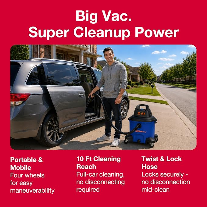 Koblenz WD-16 L4 Wet Dry Vacuum Cleaner, 16 Gallon Wet Dry Vac, 6.5 PHP | 3-in-1 Suction & Blower, CLICK-N-LOCK Hose, Drain Plug, Big Vacuum Cleaner for Carpet & Floors, Swivel Casters, Black/Blue