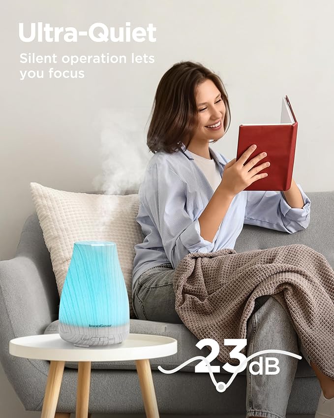 InnoGear Essential Oil Diffuser Ultrasonic Diffusers for Home, White Grey | Cool Mist Humidifier, Aromatherapy, Large Room, Run up to 8hrs, Waterless Auto Off, 7 Lights, Living Room, Quiet Operation