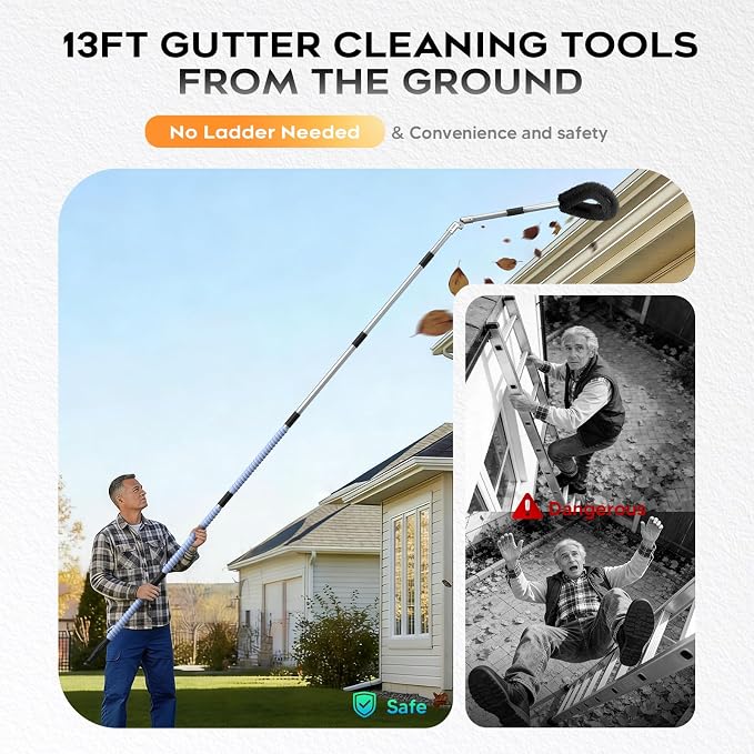 13ft Gutter Cleaning Tools From the Ground, No Ladder Needed, 3-in-1 Gutter Cleaner Pole with Replaceable Brush Rake Scoop, 180° Adjustable Angle for Leaves & Debris Cleaning with Grip Tapes