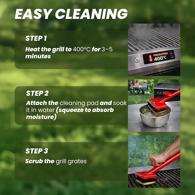 Grill Brush Bristle Free with 3 Replacement Brush Heads, Easy-Fit Cleaning Tool for Cast Iron/Stainless Steel Grates, Safe Barbecue Grill Cleaner