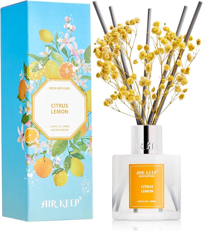 Reed Diffuser Set,3.38 fl oz (100 ml) - Citrus Lemon Oil Diffusers with 8 Reed Sticks, Home Fragrance Reed Diffuser for Bathroom Shelf Decor