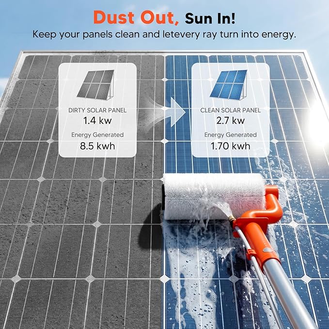 Electric Solar Panel Cleaning Kit, 20FT Telescoping Water Fed Brush | 2 spin speeds and up to 2 hours of runtime for solar panels, high windows, roofs, RVs, boats, and outdoor surfaces.