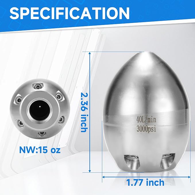 Tool Daily 3/8" NPT Sewer Jetter Nozzle for Pressure Washer, 40 L/Min | Stainless Steel Sewer Jet Nozzle for Drain Cleaning, 3000 PSI