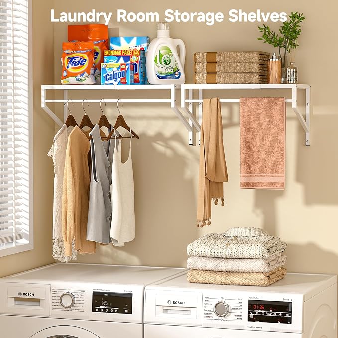 ThreeHio Expandable Closet Shelves Wall Mounted, 2 Pack Closet Shelving with Hanging Rods, Wall Shelving for Walk-in Closet, Hanging Shelves Organizer and Storage for Closet, Laundry