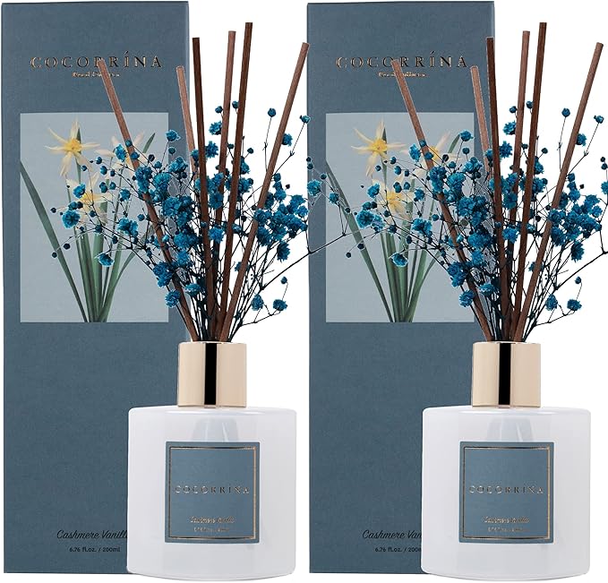 Premium Reed Diffuser Set with Preserved Baby's Breath & Cotton Stick Cashmere Vanilla 2 Packs, 6.7oz Scent Fragrance Oil Diffuser for Bedroom Bathroom Home Décor