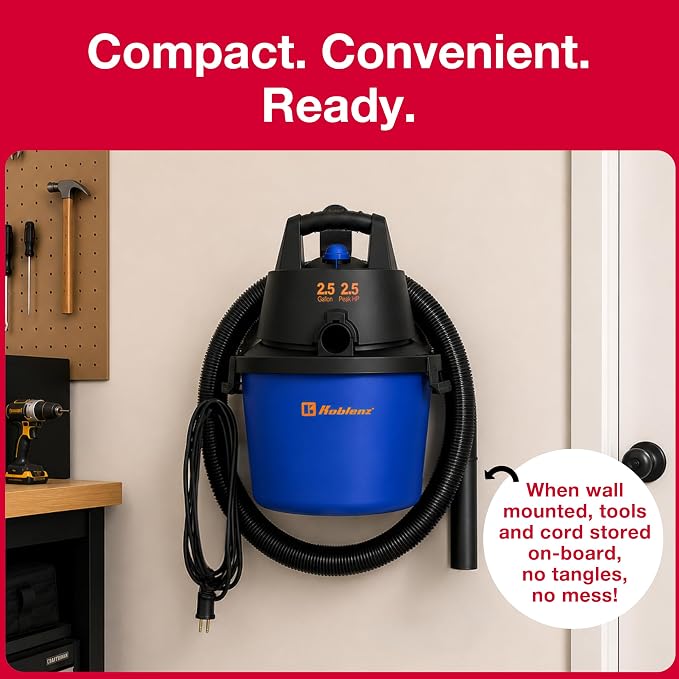Koblenz WD-2.5L Wet Dry Vacuum Cleaner, Accessories Included, 2.5 PHP | 60 CFM, 10 Ft Reach, Twist-N-Lock Hose, Wall Mount, Small Shop Vac, Portable Shop Vac for Home Car Garage, Blue/Black, WD