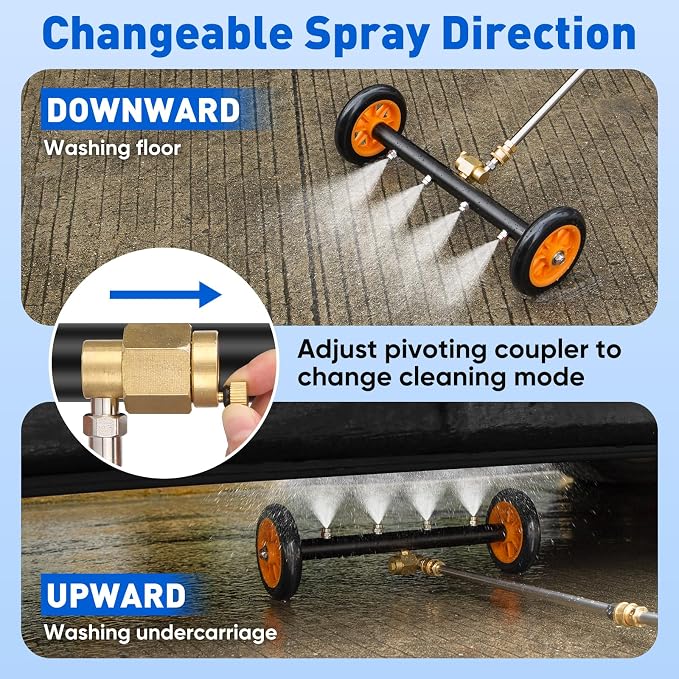 2-in-1 16'' Undercarriage Pressure Washer Water Broom, 4000PSI Cleaner | 4 Replaceable Nozzles Under Car Pressure Washer Attachment with 3 Pieces Extension Wand&Hub Brusher for Surface Power Washer