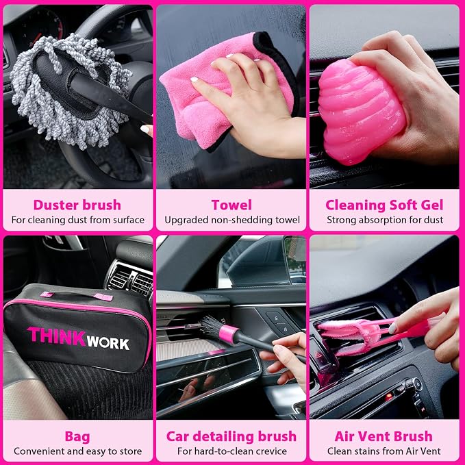 THINKWORK Car Detailing Kit with Vacuum, Pink Car Cleaning Accessories Set | 8000PA High Suction/High power Cordless Vacuum Cleaner,Led Light, Interior deep cleaning, 22Pcs,Home & Vehicle,Gift for Women