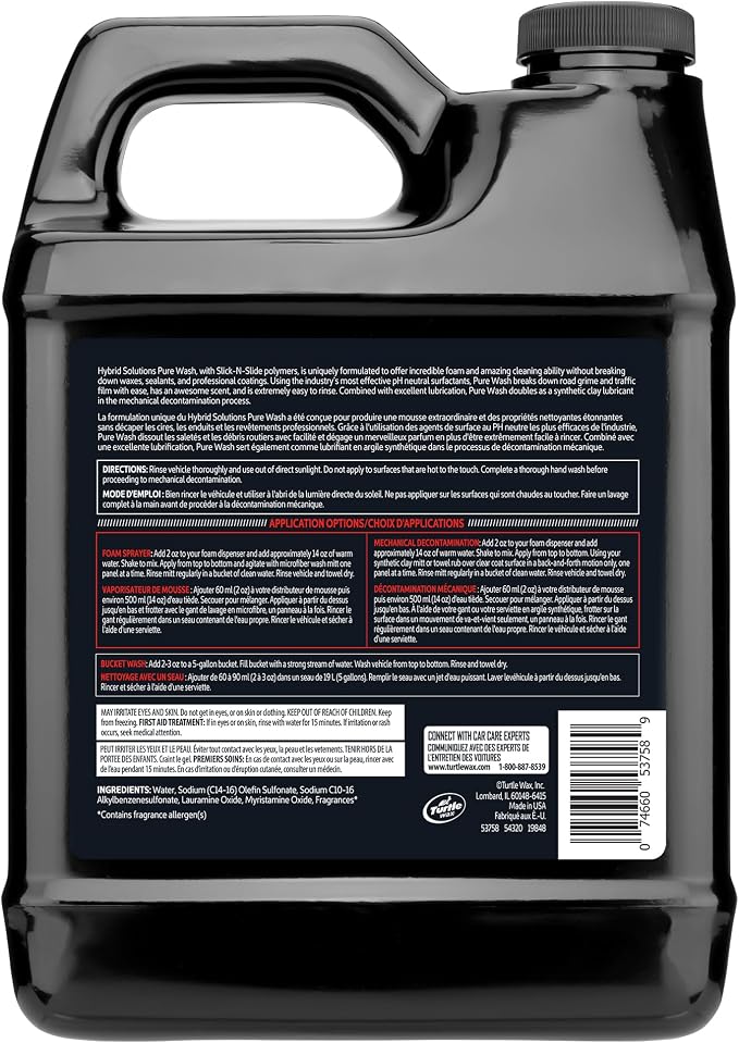 Turtle Wax Hybrid Solutions Pure Wash,pH Neutral Extreme Foaming Car Wash Soap,Bucket or Foam Cannon Application,Won't Strip Waxes or Coatings,Clay Bar Lubricant,Spot-Free Clean,64 fl oz,(Pack of 2)