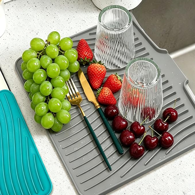 Silicone Dish Drying Mat,Dish Drying Pad,Kitchen Accessories,with Built-In and Non-Slip Drain,Easy Clean, Fit for Kitchen, Bar, RV, Refrigerator and Drawer Liner, 19.7*17 in Grey 1PCS by EBIGIC