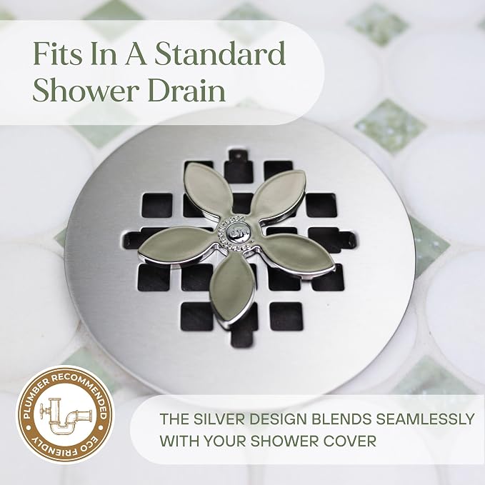 DrainWig Shower Drain Hair Catcher – Disposable Bathroom Hair Trap, Easy to Install in Shower Drain Cover, Helps Prevent Clogs – As Seen on Shark Tank - Silver Flower (12-Pack)