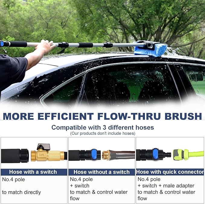 70" Car Wash Brush with Long Handle and 12" Soft Bristle Brush Head, Water Flow-Thru Car Cleaning Brush with Hose Attachment for Cleaning Car, RV, Truck, Boat, Camper, House Siding and More