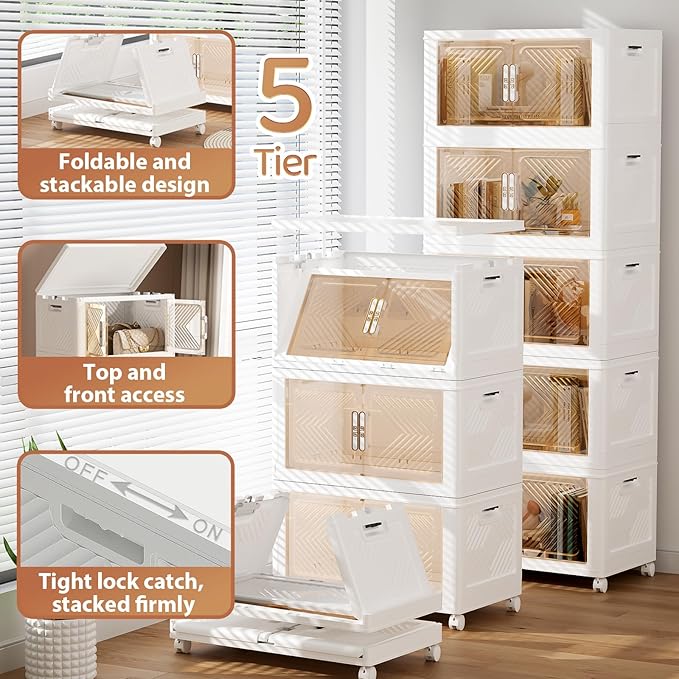 Storage Bins with Lid 76QT, Stackable Storage Containers with Wheels and Magnetic Doors, Plastic Clothes Closet Organizers and Storage Box for Pantry, Home and Office (5 Pack)