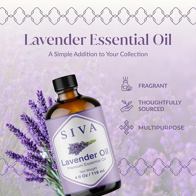 Siva Lavender Essential Oil, Glass Bottle with Dropper, 4 Fl Oz (118 ml) | Lavender Oil for Diffuser, Humidifier, Linen Spray, Skin Care, Hair Care, Body Massage, Soap, Candle, Bath Salt & DIY Blends